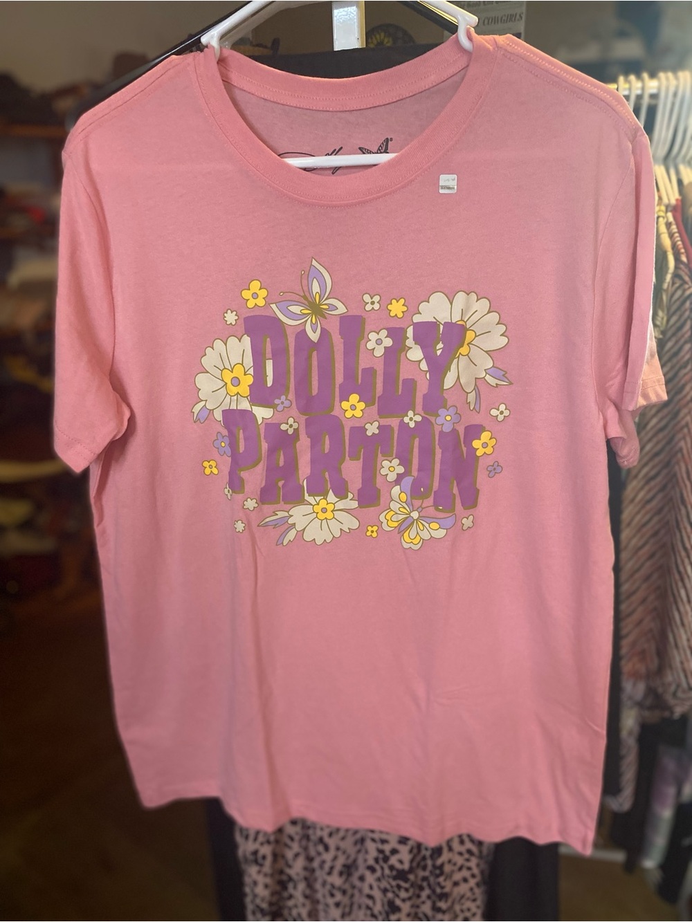 Dolly Parton floral Pink Tee with Purple Lettering & Yellow Floral Accents